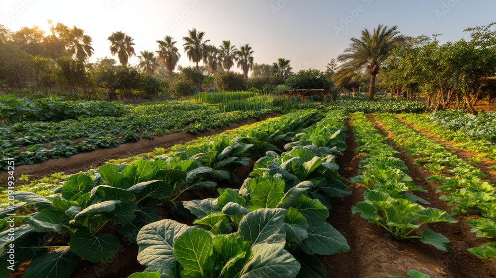 Fototapeta premium Lush Vegetable Garden at Sunrise with Vibrant Green Crops, Rows of Fresh Produce, Palm Trees, and Soft Morning Light in Agricultural Landscape