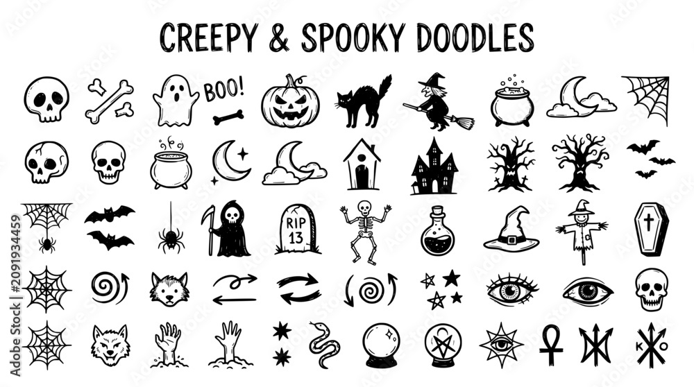 Fototapeta premium Hand Drawn Creepy Spooky Doodles Collection Featuring Halloween Icons and Symbols