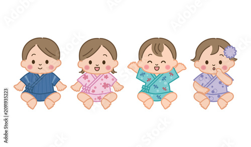 甚平を着た男女の赤ちゃんのイラストセット