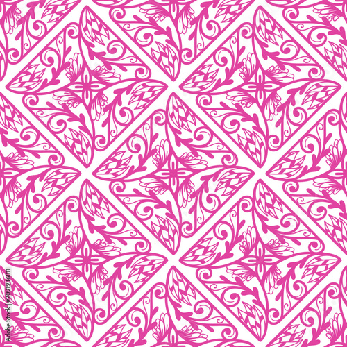 260702 Pink Ornamental Floral Geometric Seamless Pattern on White Background