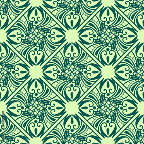 260705 Green Ornamental Floral Geometric Seamless Pattern on Light Green Background