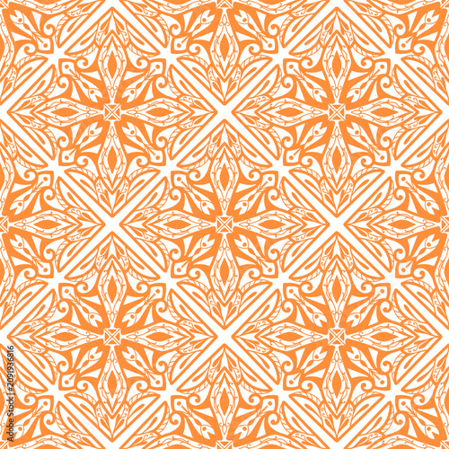 260704 Orange Ornamental Floral Geometric Seamless Pattern on White Background