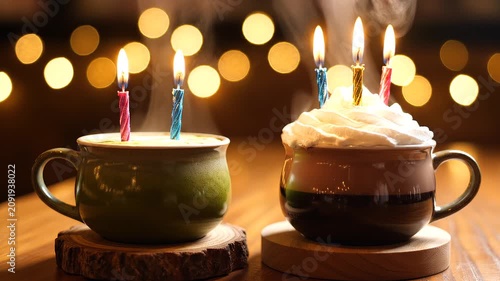 Two Hot Drinks with Birthday Candles and Whipped Cream for Celebration