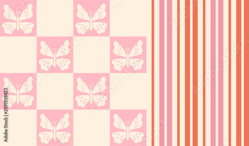 Set of seamless vector patterns featuring a trendy checkerboard design with butterflies and matching vertical stripes. Summer collection in a warm, naive style on a light sand background with vibrant