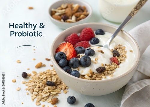 Healthy probiotic yogurt bowl with berries and granola food photography white background mixed berries tasty breakfast homemade yogurt probiotic breakfast strawberries blueberries nutrition