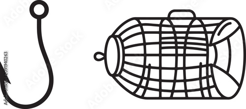 Foto Fishing Hook and Traditional Fish Trap Outline Vector Set