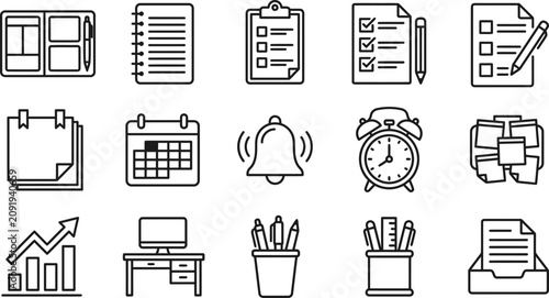 Set of fifteen office and business productivity line art icons.