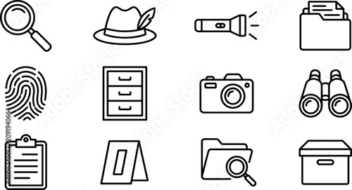 Set of Detective and Investigation Line Icons.