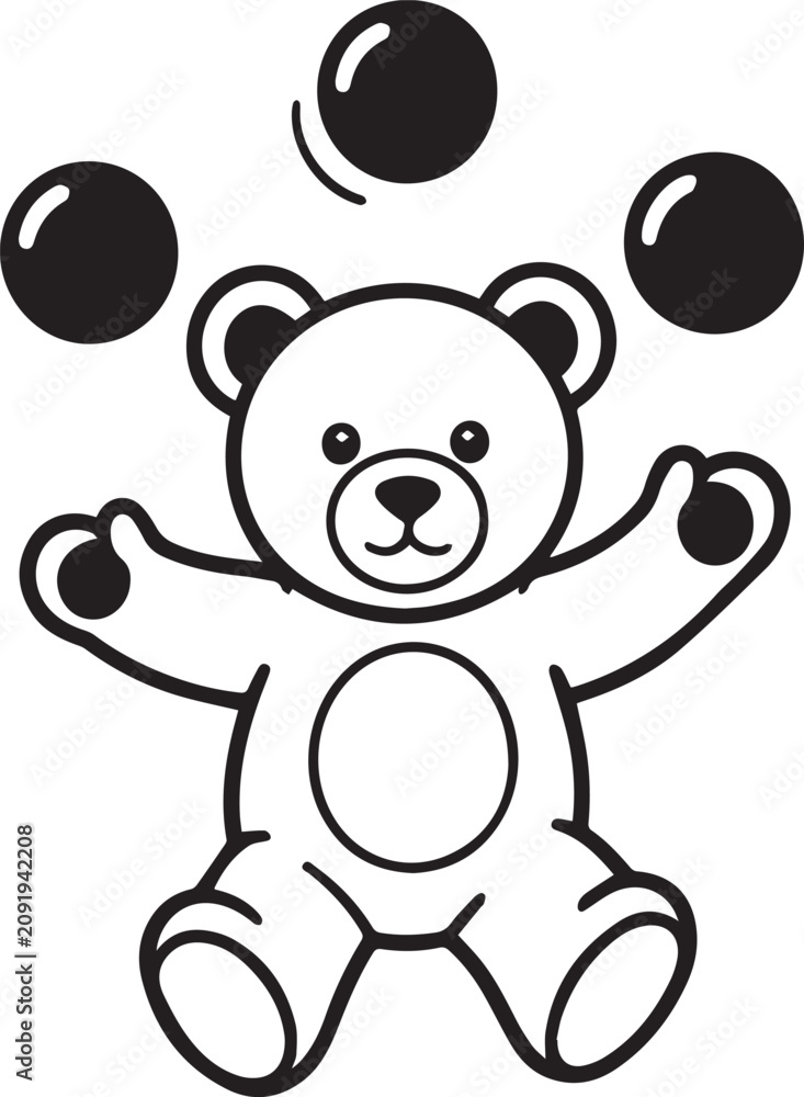 Obraz premium A cute teddy bear juggles three dark spheres with skillful paws in a delightful illustration, capturing a moment of playful entertainment and childhood joy.