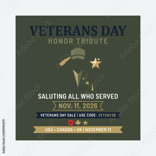 Veterans Day Honor Tribute Square Post — 
Olive Navy Gold Stars Military Salute 
Modern Typography USA November 11 2026