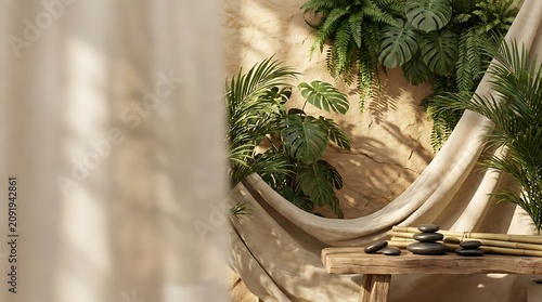 Relaxing hammock setup in sunlit tropical garden space with tropical relaxation vacation sunlight peaceful backyard tranquil