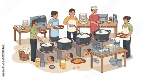 Vector illustration of community members cooking rice in large black pots on wood stoves. People in aprons prepare food with trays and plates in a communal kitchen environment.