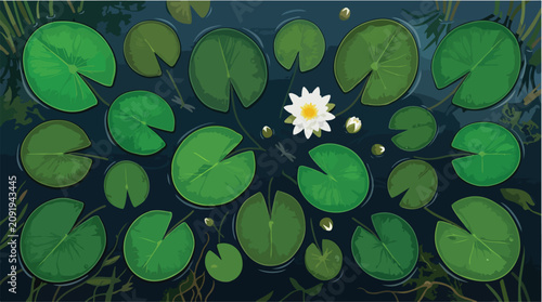 Water lily pond vector illustration, green lily pads floating on dark blue water, serene botanical garden landscape with white lotus flower