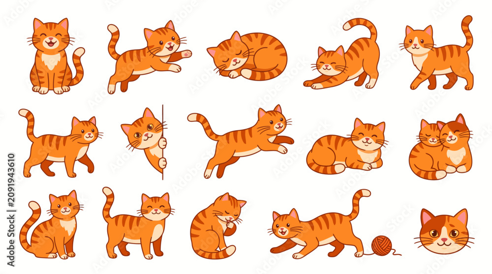 Obraz premium Playful Orange Tabby Cats Posing in Various Positions Flat Vector Illustration