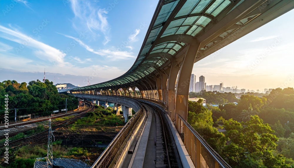 Fototapeta premium Modern elevated railway bridge over urban river and park.