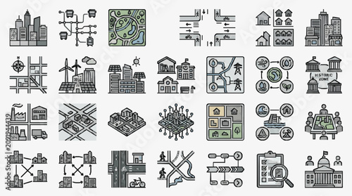 Obraz na płótnie Dynamic Urban Planning and Smart City Development Icon Set in Monochromatic Line