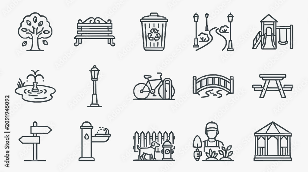 Fototapeta premium Creative Minimalist Line Drawing Icons Set of Park and Urban Elements in Black and White Style with high quality professional line art symbols for modern creative design and digital branding projects
