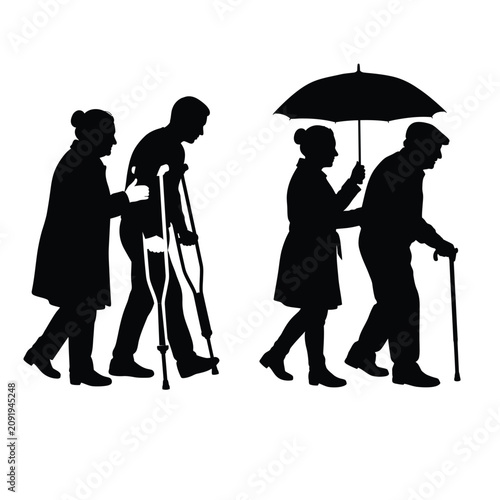 Vector silhouette set of women assisting an injured man on crutches and an elderly man with a cane