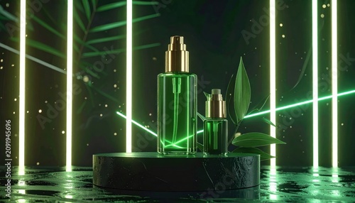 Green Cosmetic Bottles on Pedestal with Neon Lights and Tropical Leaves