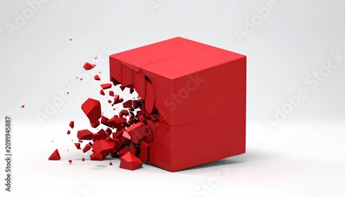 Red Cube Shattering into Fragments, Breaking Out of Boundaries