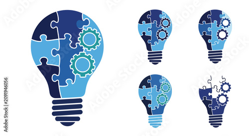 Abstract brain puzzle gears and lightbulb icons symbolizing creativity and innovation.