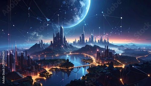 Futuristic Cyberpunk Cityscape at Night with Giant Moon and Digital Network