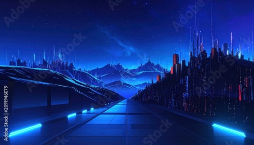 Futuristic Neon Cityscape at Night with Mountains and Stars