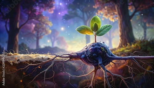Magical forest growth: a young sprout emerges from roots in a fantasy landscape