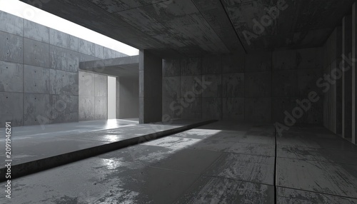 Modern brutalist concrete interior with dramatic light and shadows