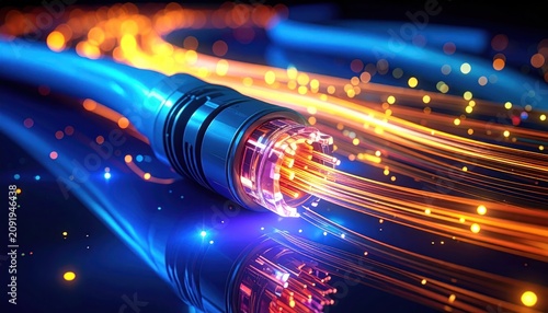 Fiber optic cable with glowing light strands, high speed data transmission, technology concept