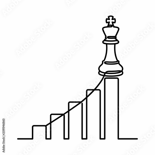Continuous Line Art Chess King Piece on Upward Trending Bar Graph Line Chart