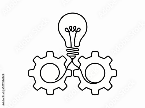 Continuous Line Art Interlocking Gears Flowing to Lightbulb Innovation Concept
