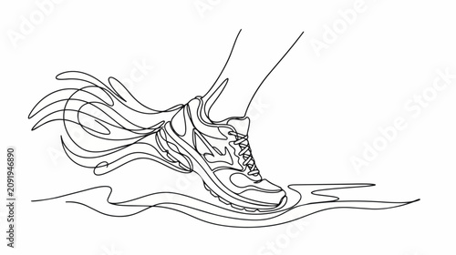 Continuous Line Art Runner Feet Sneakers Running Track Athlete Motion Waves