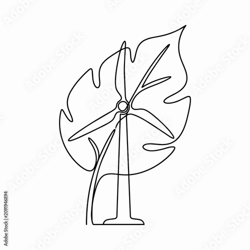 Continuous Line Art Wind Turbine Merging into Green Leaf Renewable Energy Concept