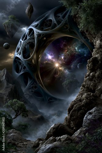 surreal organic portal landscape, dreamlike gateway to another dimension, ethereal fantasy world entrance