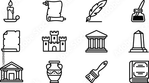 Tableau sur toile Set of outline icons depicting history and archeology symbols.