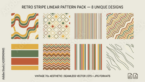 Retro Stripe Linear Pattern Pack — 8 
Mustard Forest Green Brick Cream Bold 
Vintage 70s Geometric Vector Set EPS JPG