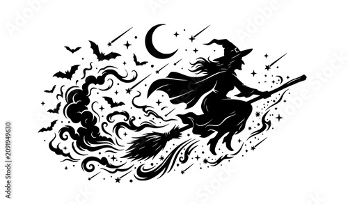 Fotografie Vintage Halloween Witch on Broomstick Silhouette Vector Graphic for Seasonal Des