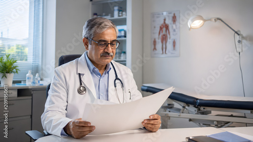Mature male doctor reviewing medical reports in clinic office