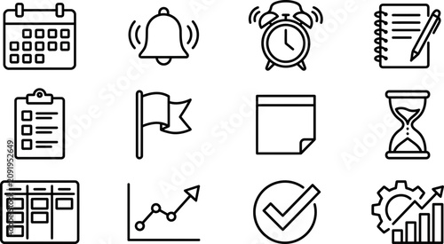 Set of twelve black and white business and productivity outline icons.