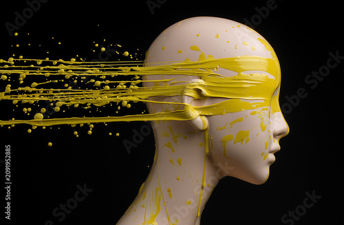 Bright yellow paint splashes on a mannequin head while it faces left in a dark setting