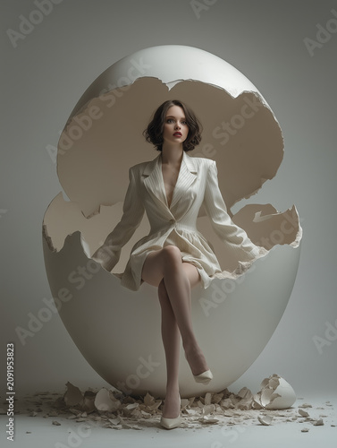 Woman sitting in a large broken egg with light color clothes in a simple studio setting