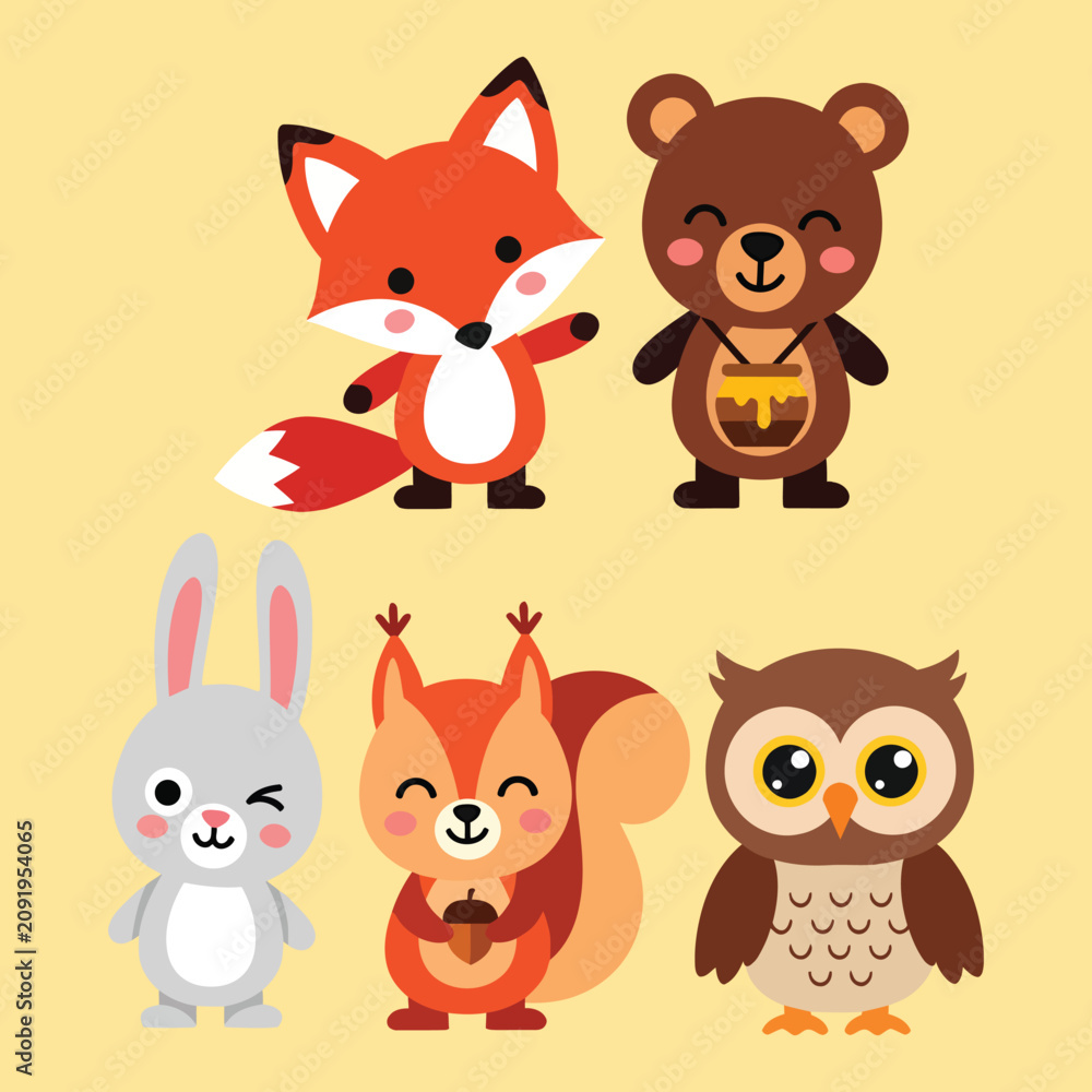 Fototapeta premium Forest animals collection with fox bear and squirrel