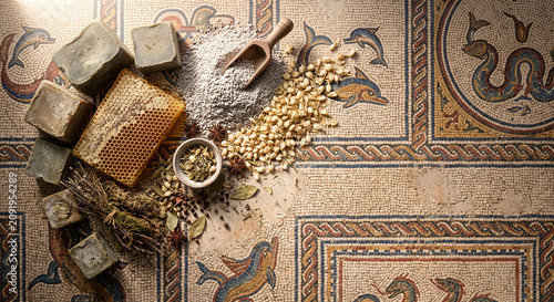 Cinematic top down view of Carthage style stone mosaic wellness items