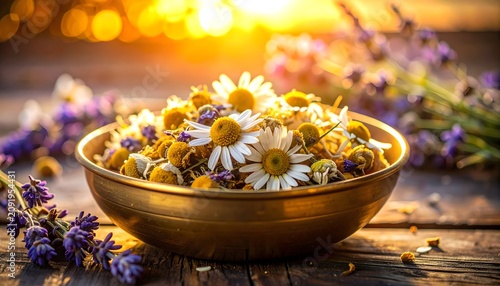 Dried lavender and chamomile flowers in a brass bowl, relaxation concept in golden sunset light