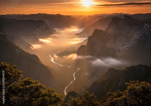 Golden hour misty valley sunrise between towering rocky peaks with creating serene majestic atmosphere low hanging clouds adding depth drama scene captures breathtaking golden