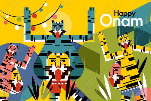 Happy Onam greeting vector illustration featuring vibrant Tiger dance performers celebrating the traditional harvest festival of Kerala, India