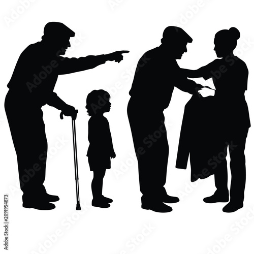 Silhouette set of a grandfather guiding a child and a caregiver assisting a senior man