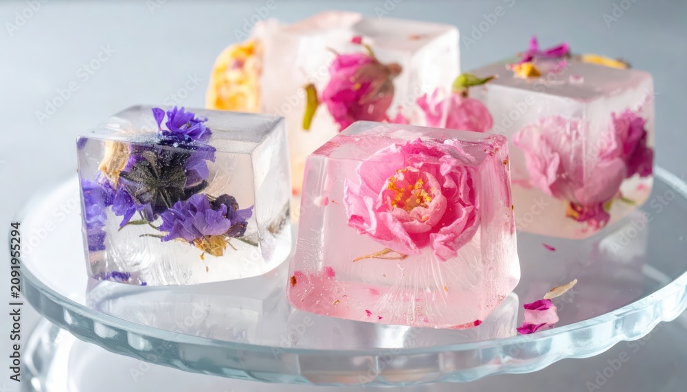 Naklejka premium Clear Ice Cubes with Delicate Floral Inclusions