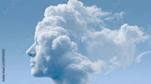 Human face made out of moving white clouds in blue sky
